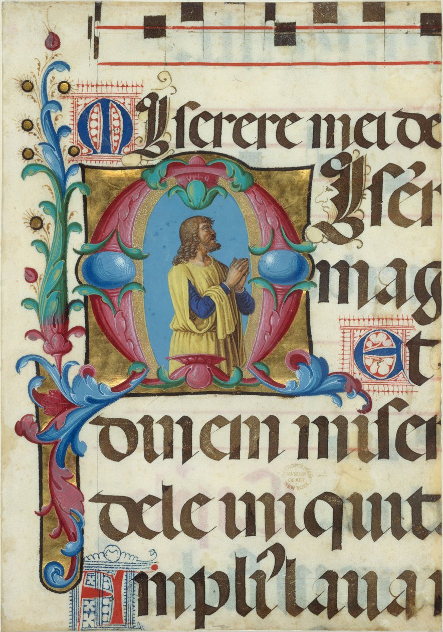 Iluminace rukopisu s Davidem v modlitbě v iniciále M, ze žaltáře, 1501-2. od Girolamo dai Libri
