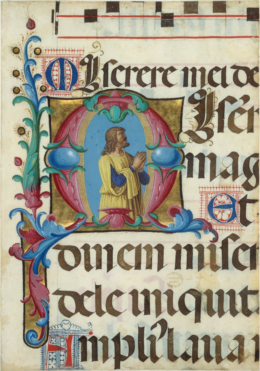 Iluminace rukopisu s Davidem v modlitbě v iniciále M, ze žaltáře, Ital, 1501-2. od Girolamo dai Libri