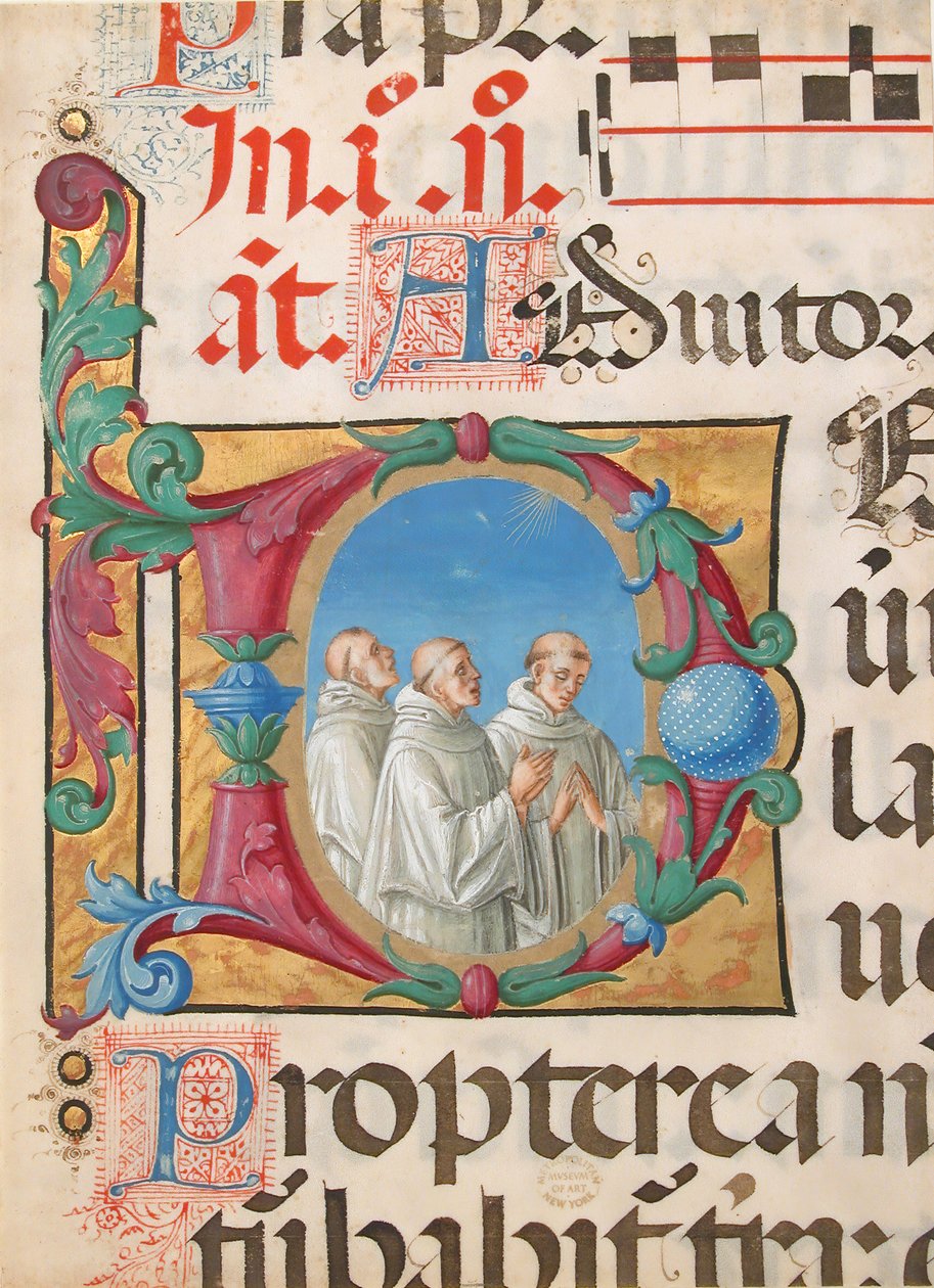 Iluminace rukopisu se zpívajícími mnichy v iniciále D, ze žaltáře, italština, 1501-2. od Girolamo dai Libri