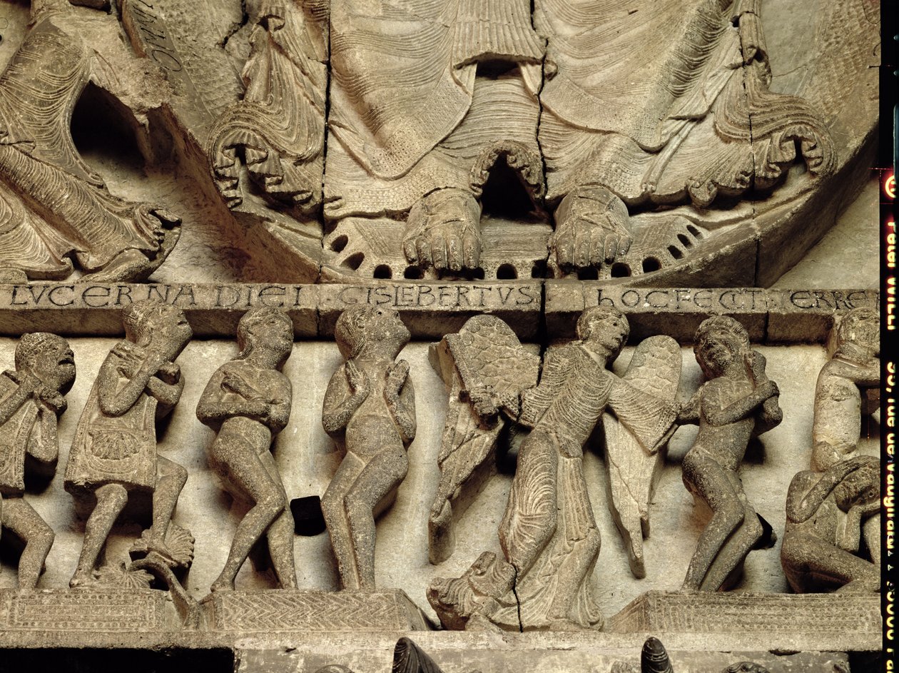Západní portálový tympanon zobrazující Poslední soud: detail Kristových nohou, anděla a smrtelníků, cca 1130-35 vápenec od Gislebertus