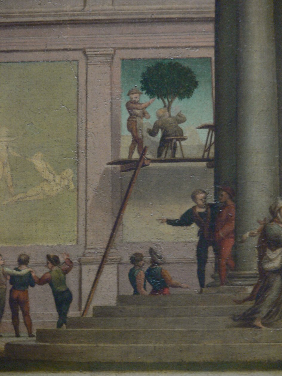 Znásilnění Diny (Genesis 34). Kunsthistorisches Museum Vienna, obrazárna, inv. Č. 1554, detail v pozadí (malíř stěn na lešení) od Giuliano Bugiardini