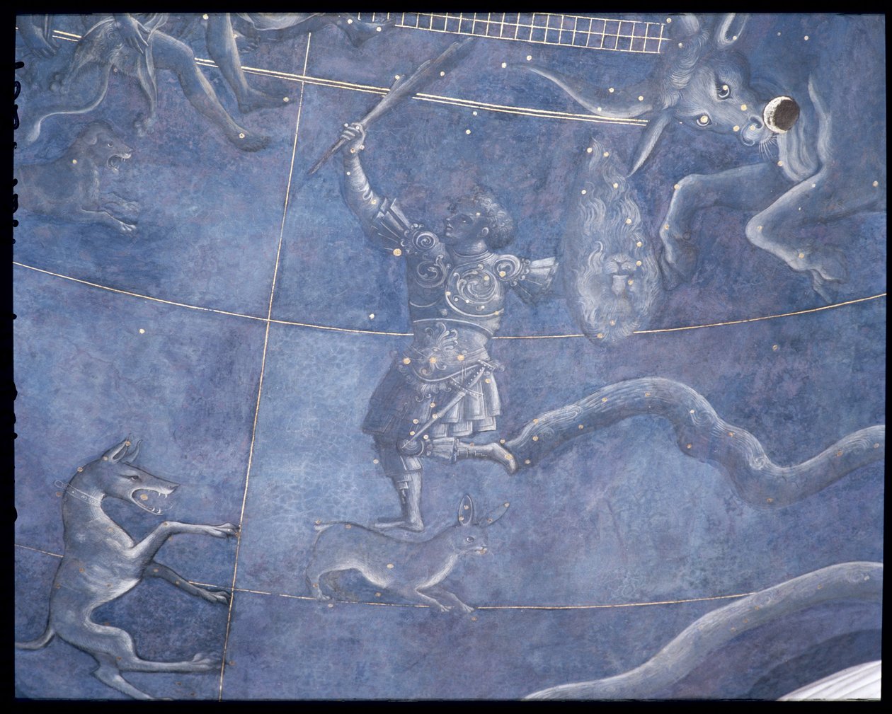 Cesta Slunce mezi hvězdami v noci 4. července 1442, detail Oriona a Býka, z podhledu nad oltářem, kolem 1430 (detail 85088) od Giuliano dArrighi Pesello