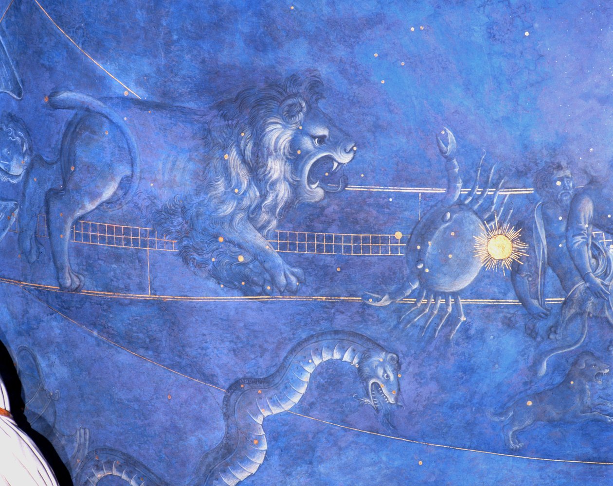Cesta Slunce mezi hvězdami v noci 4. července 1442, detail Lva, Raka a Hydry, z podhledu nad oltářem, kolem 1430 (detail 85088) od Giuliano dArrighi Pesello
