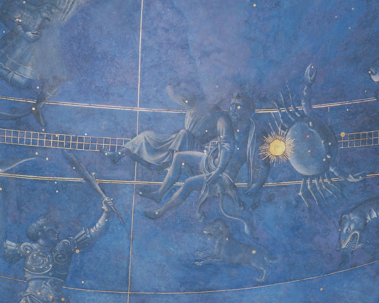 Cesta Slunce mezi hvězdami v noci 4. července 1442, detail Blíženců a Raka, z podhledu nad oltářem, kolem 1430 (detail 85088) od Giuliano dArrighi Pesello