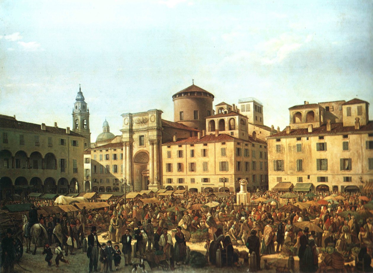 Náměstí Parma na tržní den v roce 1848 od Giulio Carmignani