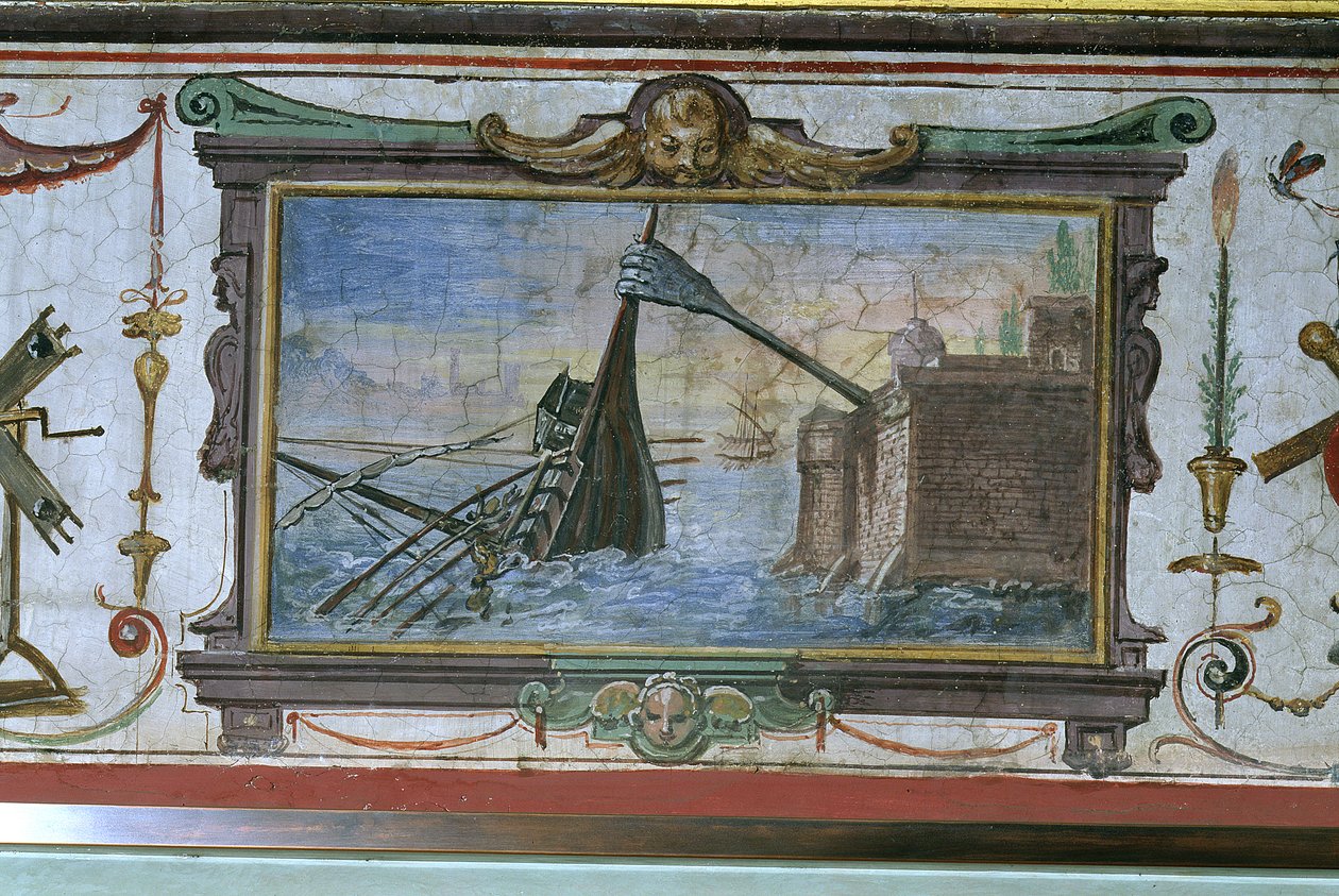 Zařízení, které umožnilo Archimedovi (asi 287-12 př.nl) vytáhnout loď na břeh, Stanza della Mattematica, 1587-1609 od Giulio Parigi