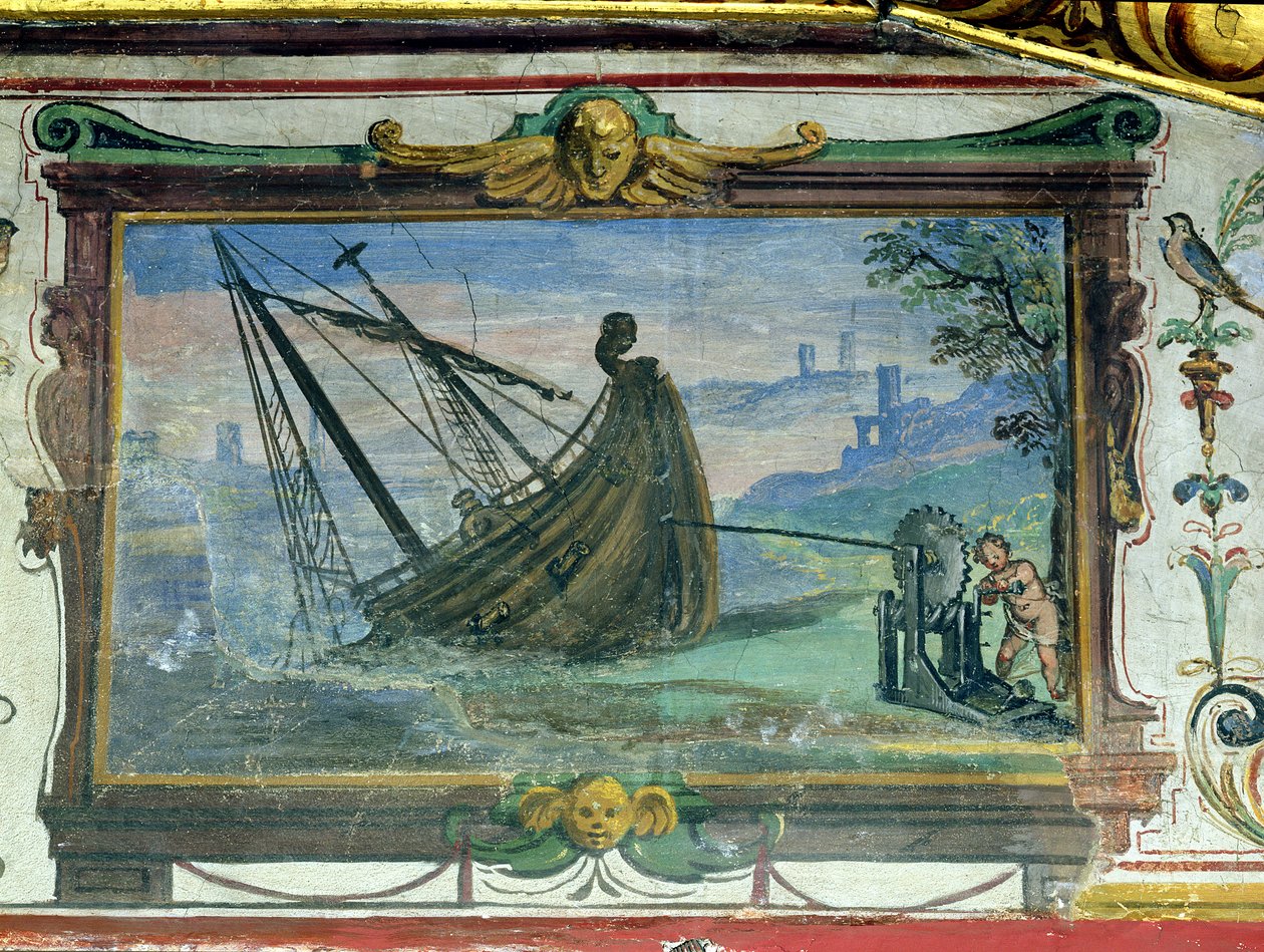 Nekonečný šroub, který umožnil Archimedovi (asi 287-12 př. n. l.) táhnout loď na břeh, Stanza della Mattematica, 1587-1609 od Giulio Parigi
