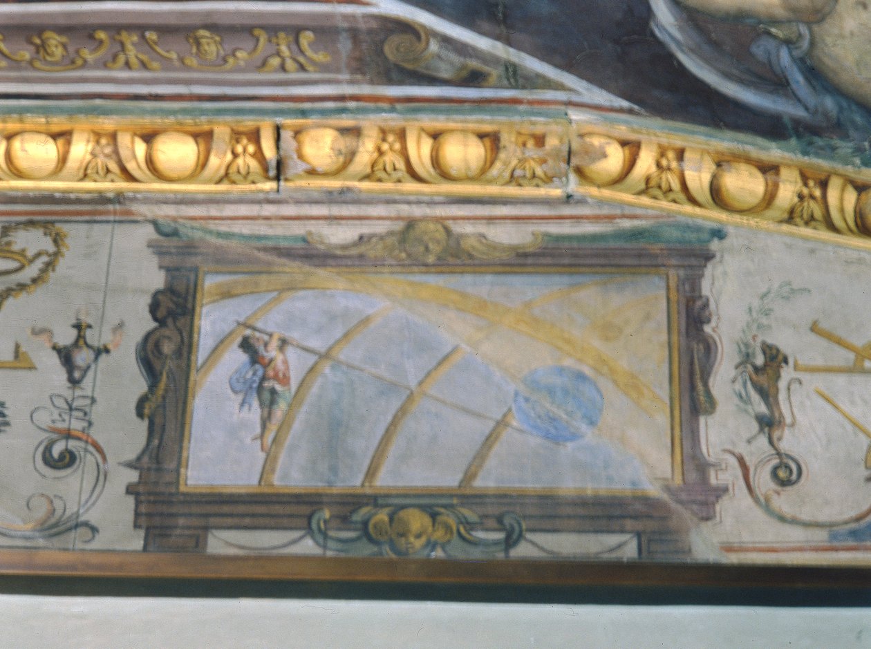 Archimédes (asi 287–12 př. n. l.) říká: „Podepřete mi pákou a já zvednu zemi“, Stanzio della Mattematica, 1587-1609 od Giulio Parigi