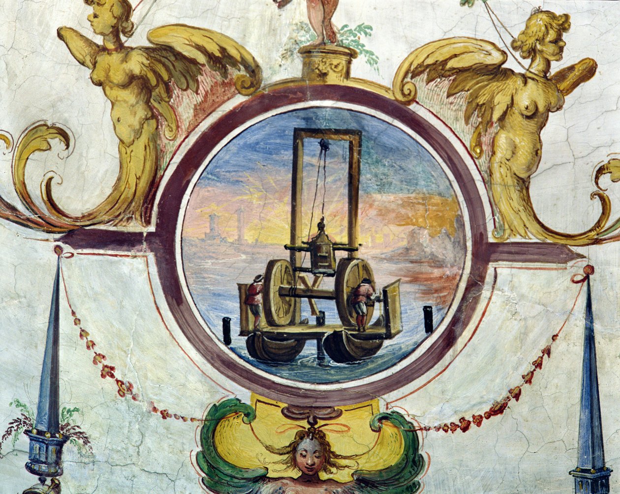 Velký ponton se zařízením pro zaražení kolíků do mořského dna, Stanza della Matematica, 1587-1609 od Giulio Parigi