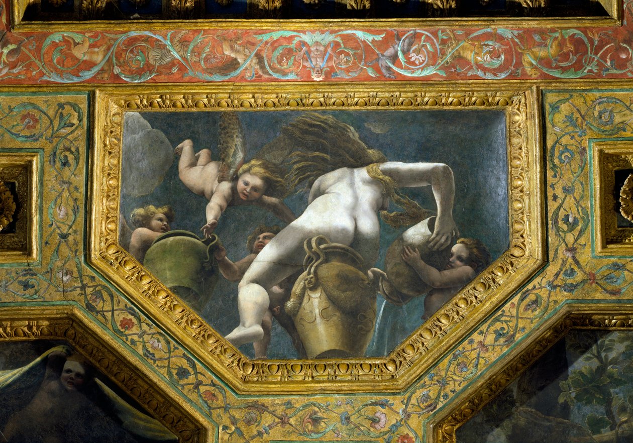 Nymfa vylévající vodu z urny za pomoci putti, stropní keson ze Sala di Amore e Psiche, 1528 (olej na štuku) od Giulio Romano