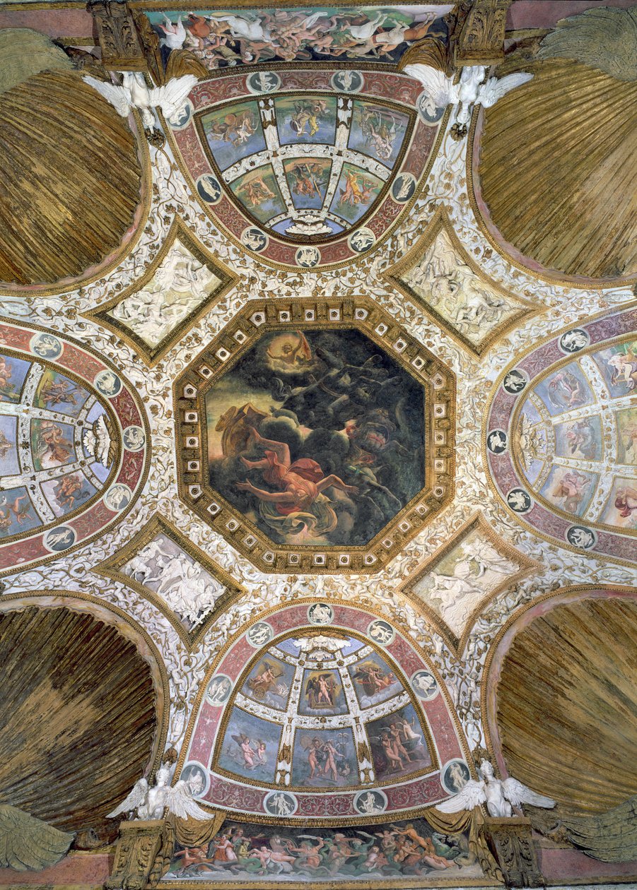 Camera delle Aquile, strop s Ikarovým pádem ve středním panelu obklopený štukovou výzdobou putti a lunet s mytologickými výjevy, 1528 (fresky a štuky) od Giulio Romano