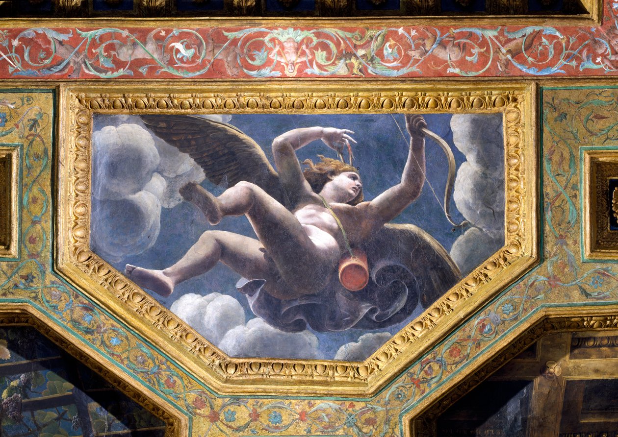 Cupid, stropní keson ze Sala di Amore e Psyche, 1528 (olej na štuku) od Giulio Romano
