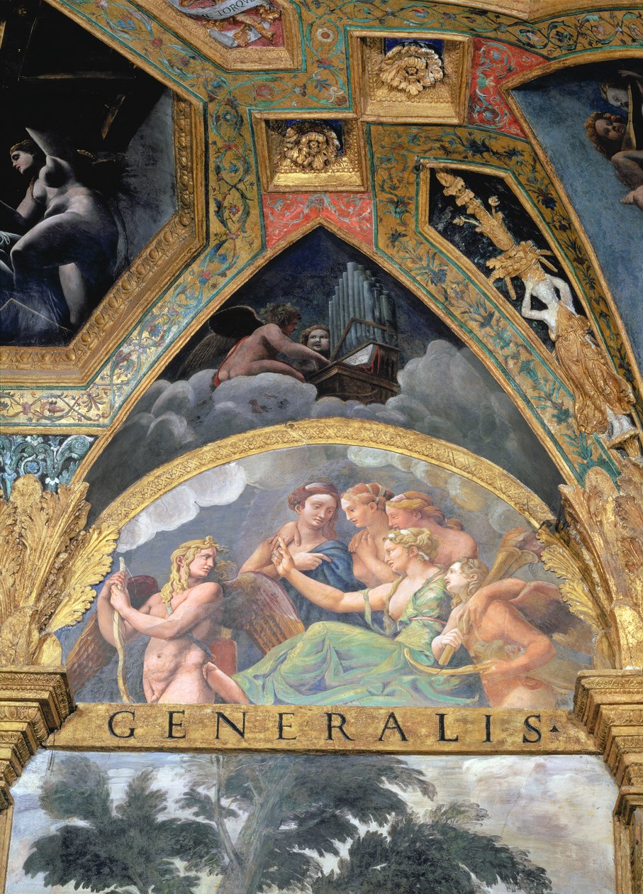 Amor s Venuší a Merkurem, kterého posílá, aby zajal Psyché, luneta ze Sala di Amore e Psiche, 1528 (olej na štuku) od Giulio Romano