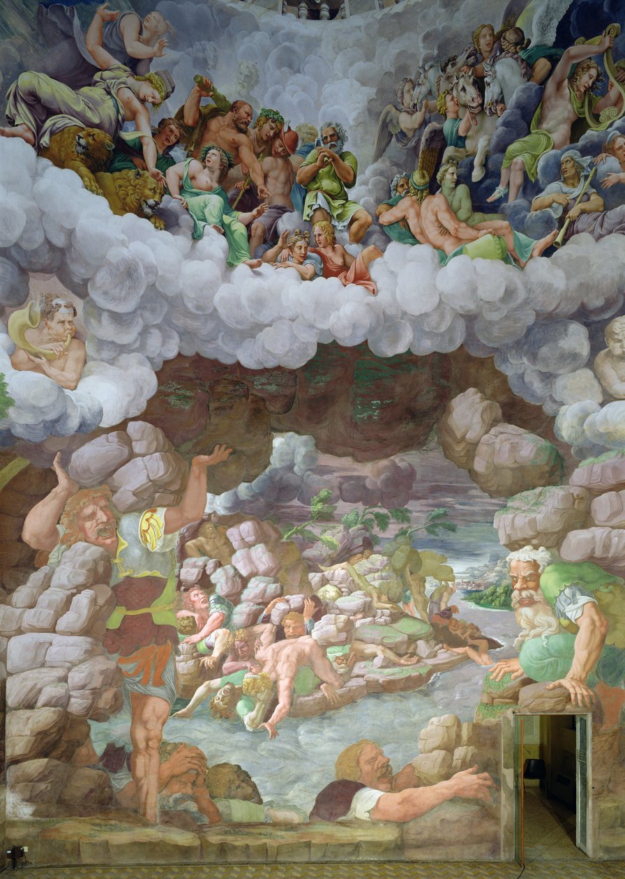 Detail zničení obrů Jupiterovými blesky, Sala dei Giganti, 1536 (freska) od Giulio Romano