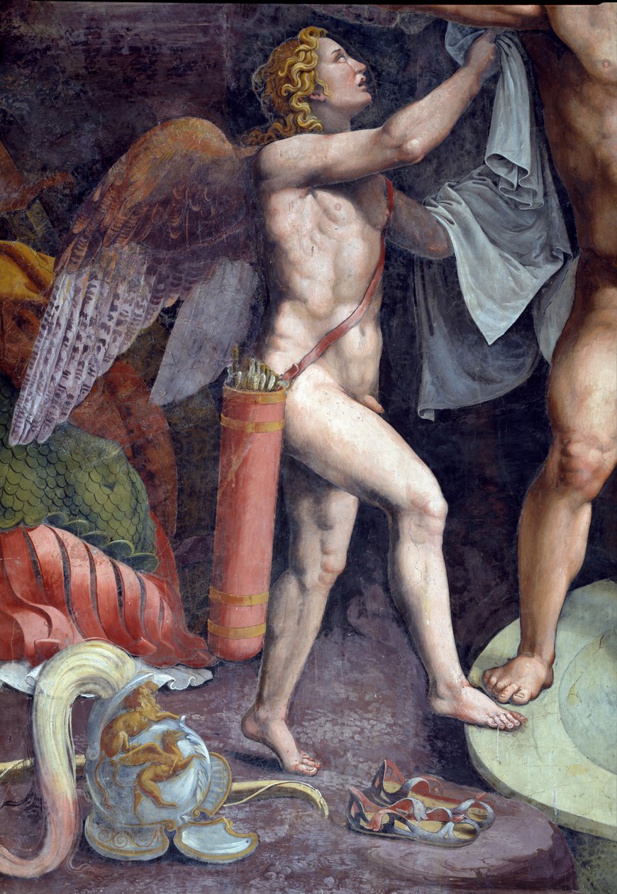Koupání Marsu a Venuše, detail zobrazující Amora, jak pomáhá Marsu ze Sala di Amore e Psiche, 1528 detail fresky 78435 od Giulio Romano