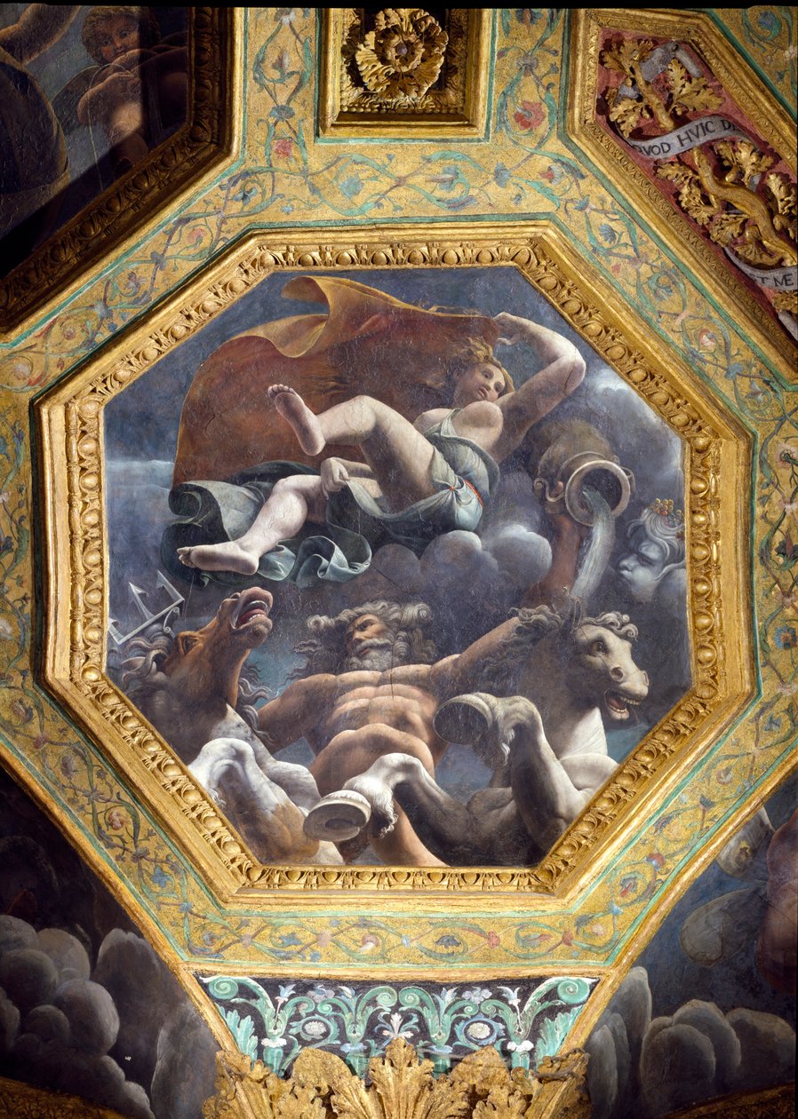 Neptun a vodní nymfa, stropní keson ze síně Amor a Psyché, 1528 (olej na štuku) od Giulio Romano