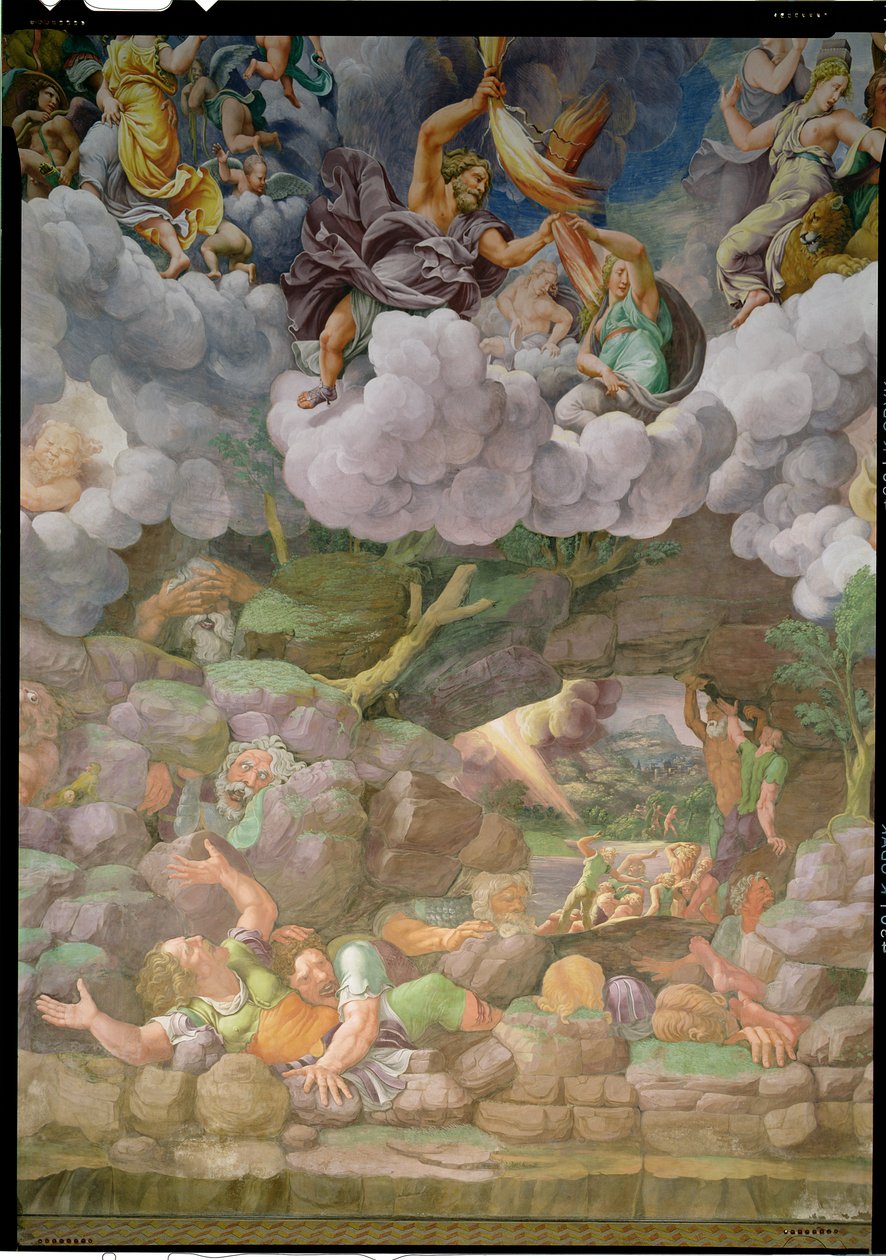 Olympus a Zeus Ničení vzpurných obrů, detail z jedné ze zdí Sala dei Giganti, 1530-32 od Giulio Romano
