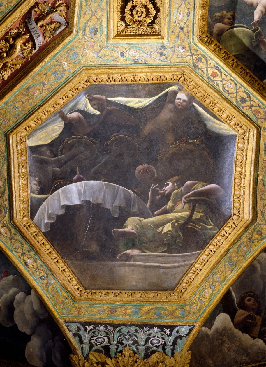 Psyché jedící v domě Amora, stropní keson ze Sala di Amore e Psyche, 1528 (olej na štuku) od Giulio Romano
