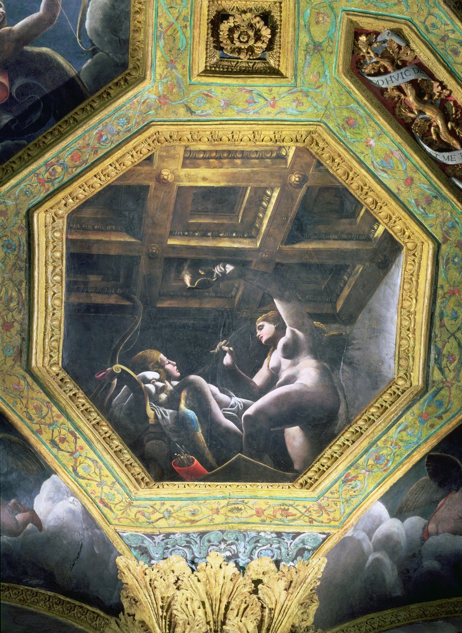 Psyché vidí Amora, když spí, stropní keson ze Sala di Amore e Psiche, 1528 (olej na štuku) od Giulio Romano