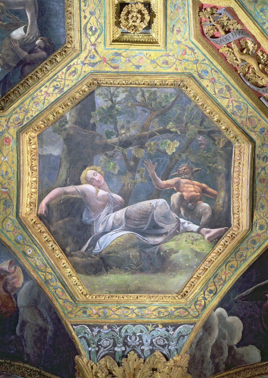 Psyché spící v Amorkově údolí, stropní keson ze Sala di Amore e Psiche, 1528 (olej na štuku) od Giulio Romano