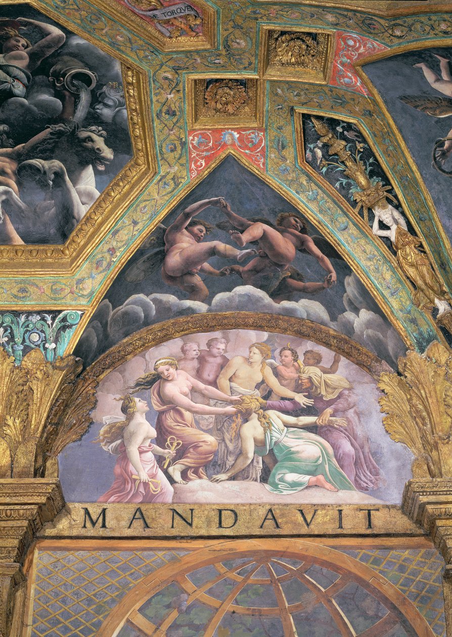 Psyché, která podstoupila jedno z utrpení, které jí způsobila Venuše, luneta ze Sala di Amore e Psiche, 1528 (olej na štuku) od Giulio Romano