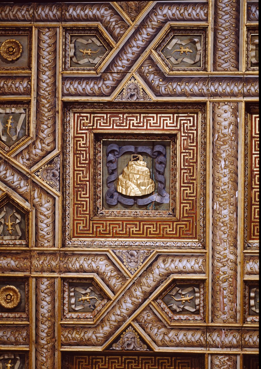 Sala dei Cavalli, pohled na strop s vyřezávaným Gonzagovým impresem z hory Olymp, ještěrky a zdobené rozety ohraničené meandrovými vzory trompe l