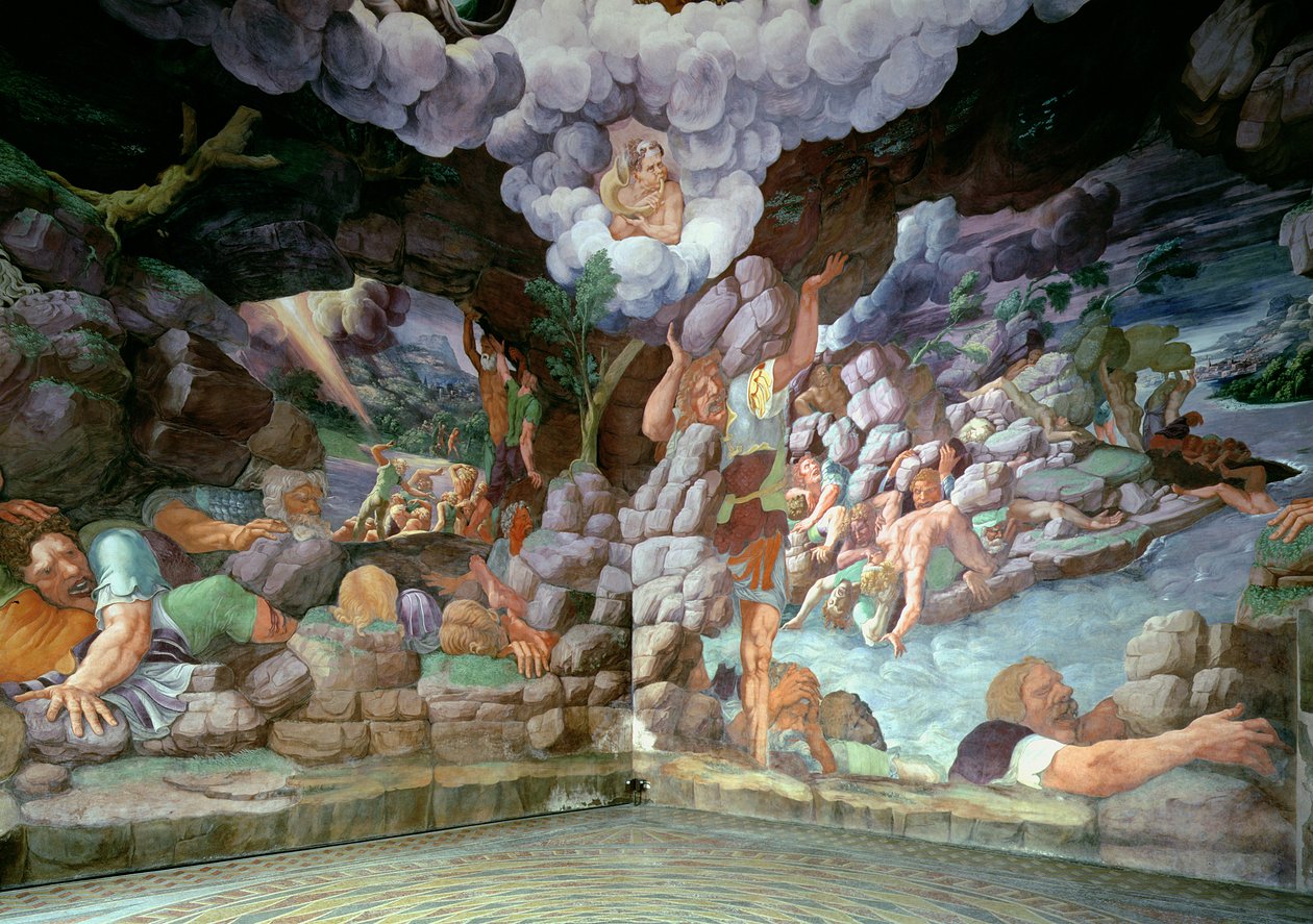 Sala dei Giganti, pohled na dvě zdi ukazující zničení vzbouřených obrů Jupiterovými blesky, 1536 (podrobnosti viz 78483-86) od Giulio Romano