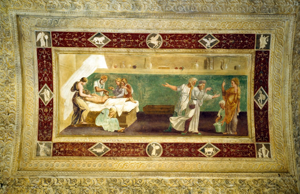 Scéna lékaře ošetřujícího nemocného muže, nástropní malba z Giardino Segreto od Giulio Romano