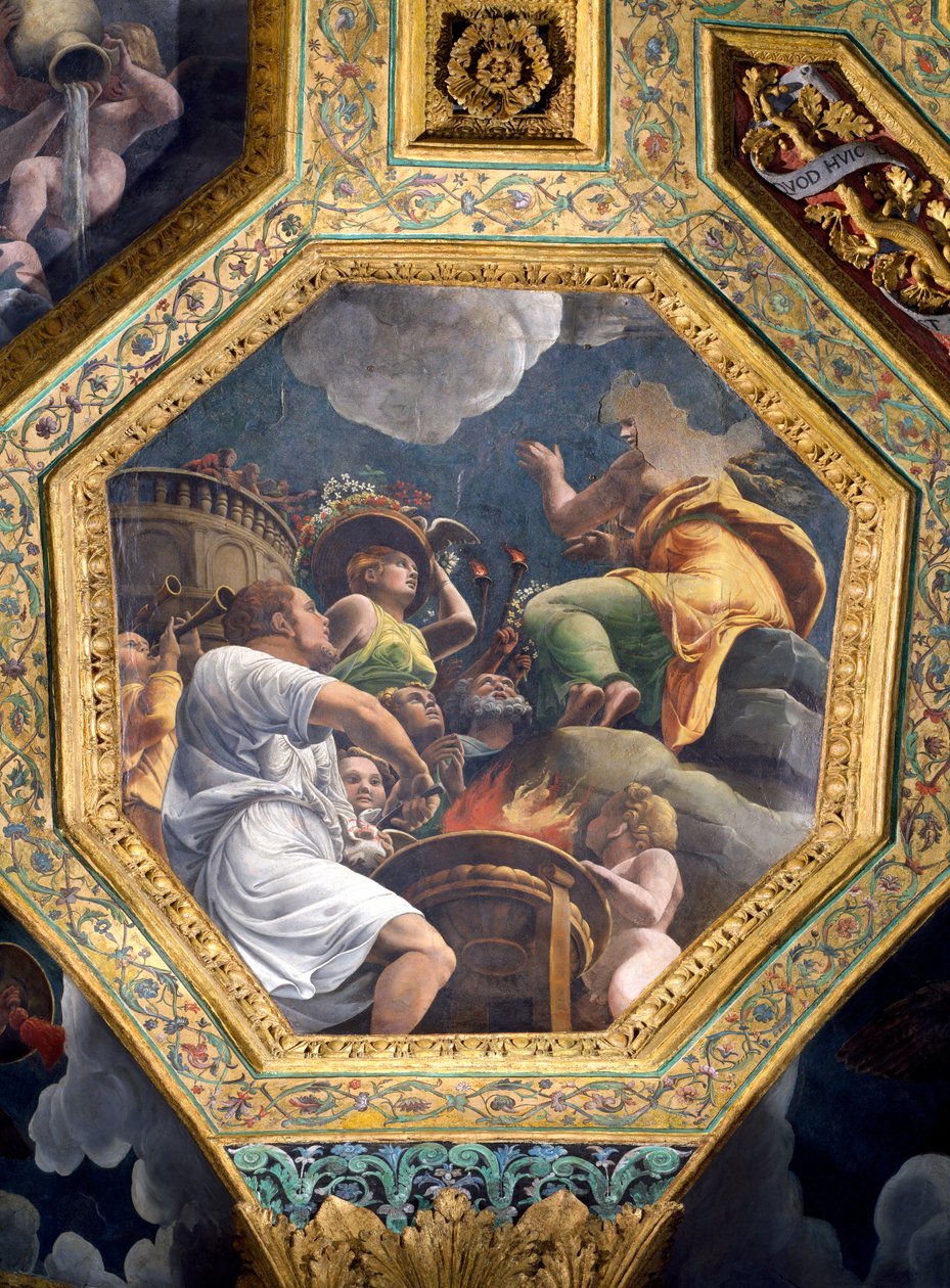 Scéna obětování holubice, stropní keson ze Sala di Amore e Psiche, 1528 (olej na štuku) od Giulio Romano