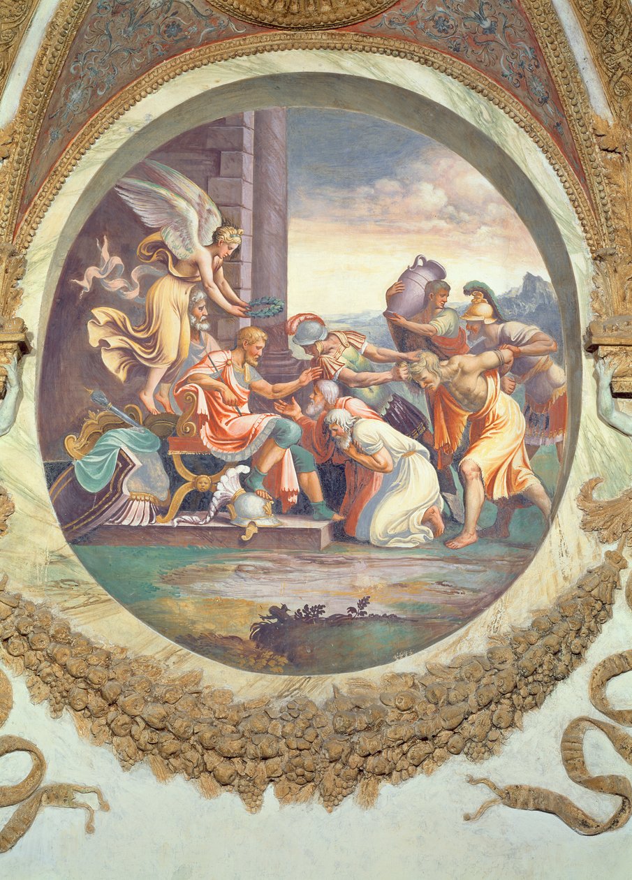 Scéna ukazující, že ti, kdo se narodili ve znamení Vodnáře ve spojení se souhvězdí Aquily, dostávají válečné ctnosti, symbolizované scénou triumfu, z Camera dei Venti, od Giulio Romano