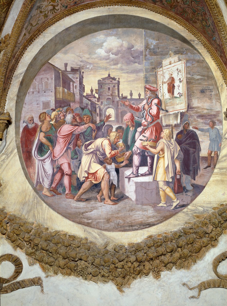 Scéna ukazující, že ti, kdo se narodili ve znamení Kozoroha ve spojení se souhvězdí Hada nebo Ophiuka, budou zaklínači hadů, které symbolizuje prodejce theriaku, opět protijed od Giulio Romano