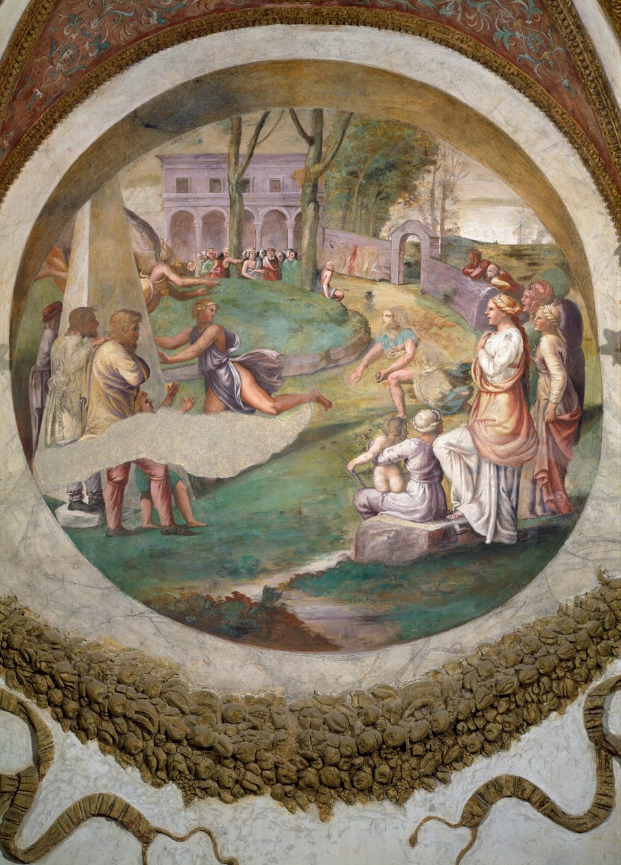 Scéna ukazující, že ti, kdo se narodili ve znamení Blíženců ve spojení se souhvězdí Zajíce, dostávají schopnost rychle běhat, což symbolizuje závod mezi Hippomenesem a At od Giulio Romano