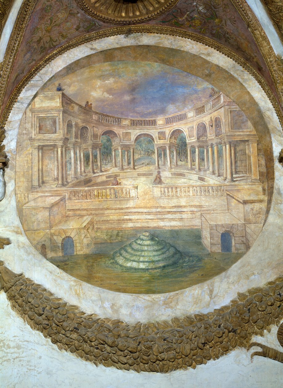 Scéna ukazující, že lidé narození ve znamení Střelce v konjunkci se souhvězdím Arktura mají sklony stát se strážci královských budov, symbolizovaných palácem. od Giulio Romano