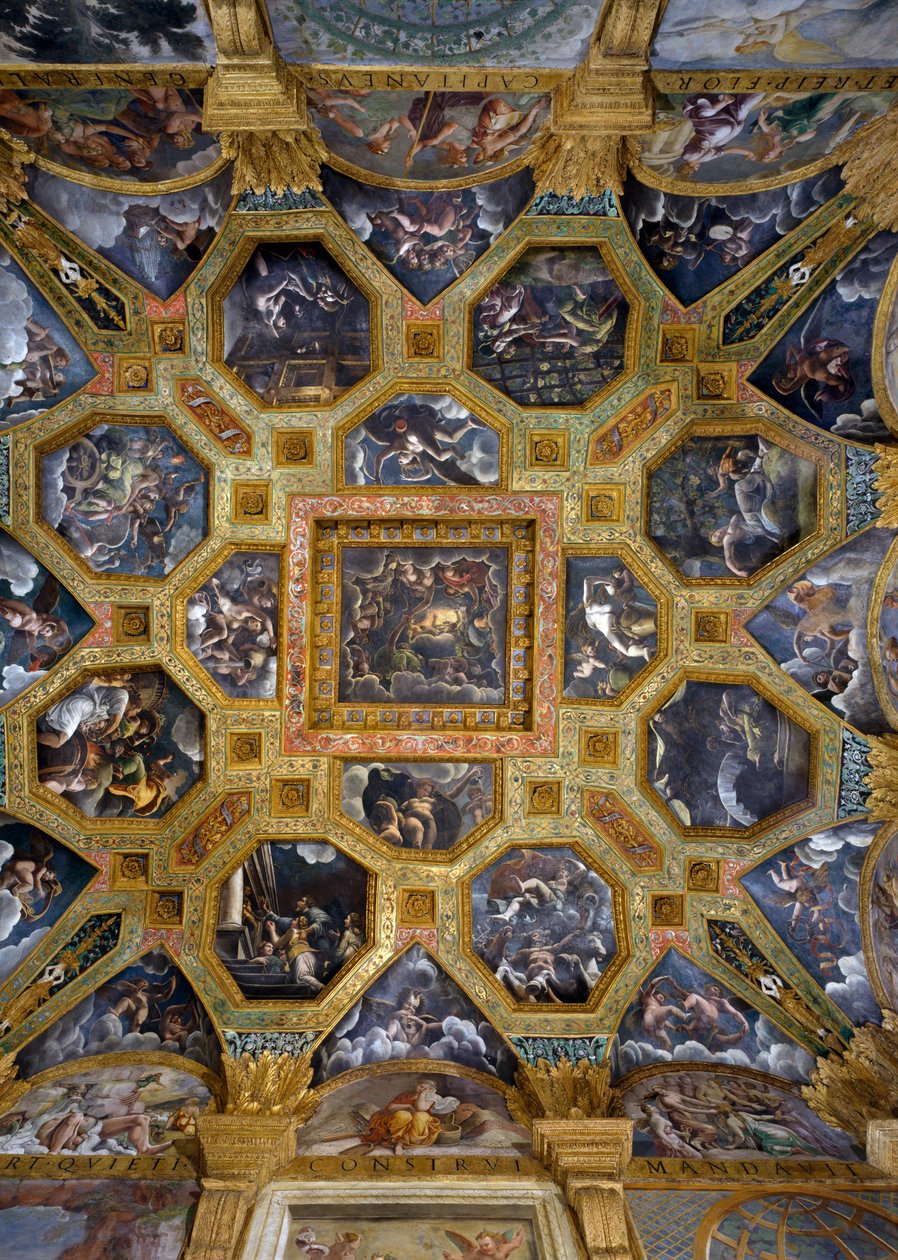 Scény z mýtu o Amorovi a Psyché převzaté z Apuleiových „Metamorfóz“, nástropní malba ze Sala di Amore e Psiche, 1528 (olej na štuku) od Giulio Romano