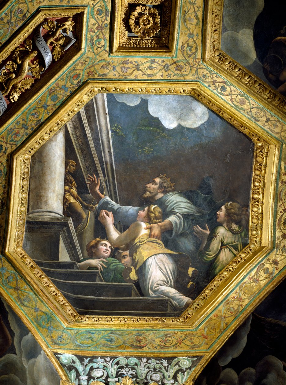 Prosící postavy na schodech velkého paláce, stropní keson ze Sala di Amore e Psiche, 1528 (olej na štuku) od Giulio Romano