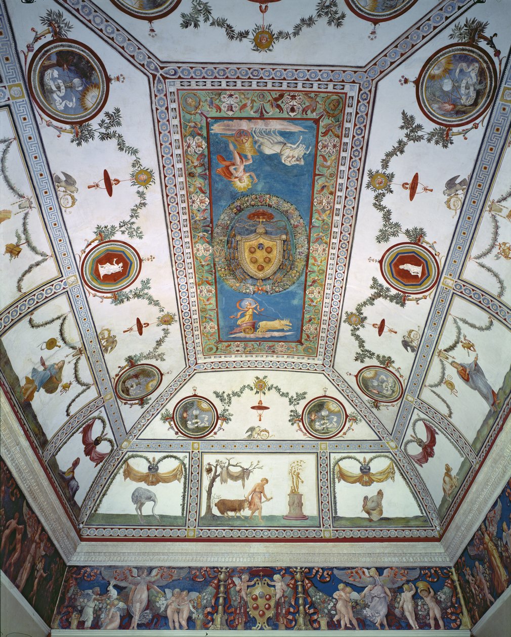 Kamera s Fregio di Amorini Komora Amorova vlys detail stropu, fotografie z 20. let 16. století od Giulio Romano