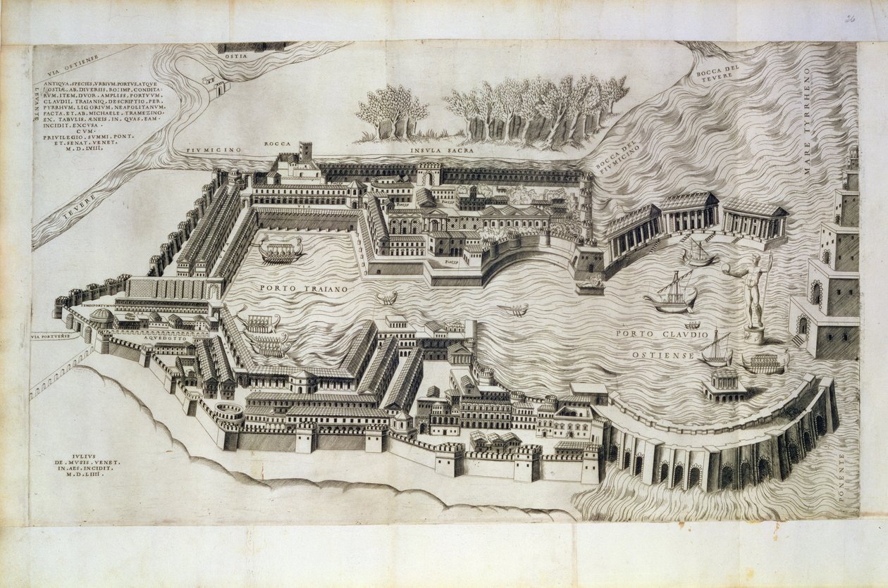 Plán přístavu Ostia Antica, rytina autora, 1554 od Giulio de Musi