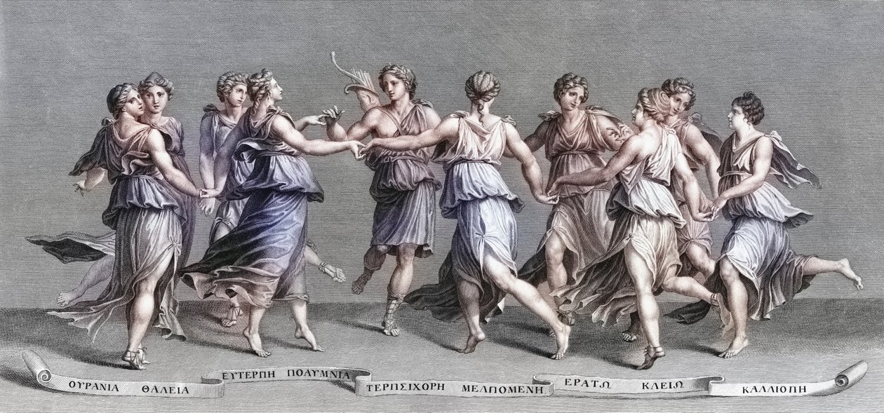 Apollo tančí se svými devíti olympijskými múzami. (tisk) od Giulio (after) Romano