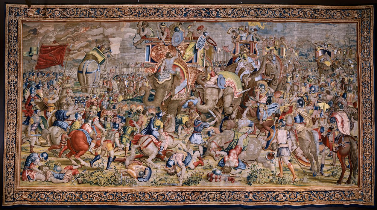 Vlámský gobelín. Série The Acts of Scipio: Bitva u Zamy. Karikaturista Giulio Romano. Ateliér Balthasara van Vlierdena (?), Brusel. 1523-1532. od Giulio (after) Romano