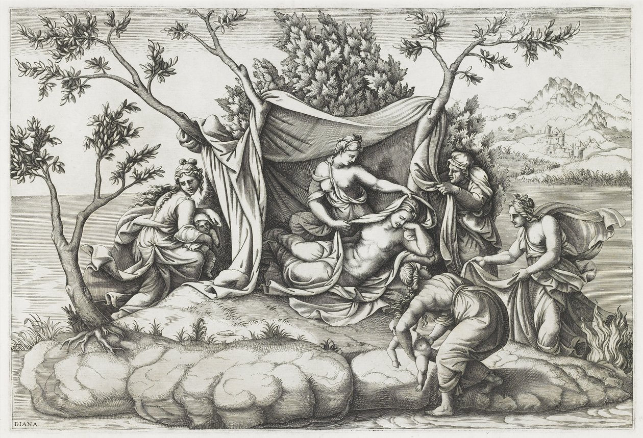 Latona Giving Birth to Apollo and Diana, vyryla Diana Mantovana (nar. 1535), po roce 1575 (rytina) od Giulio (after) Romano