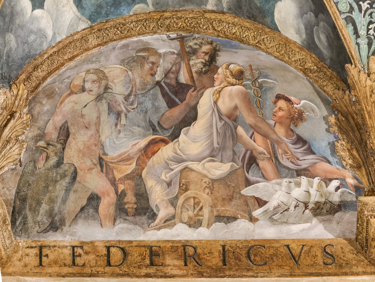 Detail klenby: luneta představující Venuši, která získá Merkurovu dostupnost od Dia, komnaty Amorů a Psyché (Sala di Amore e Psiche) od Giulio (and workshop) Romano