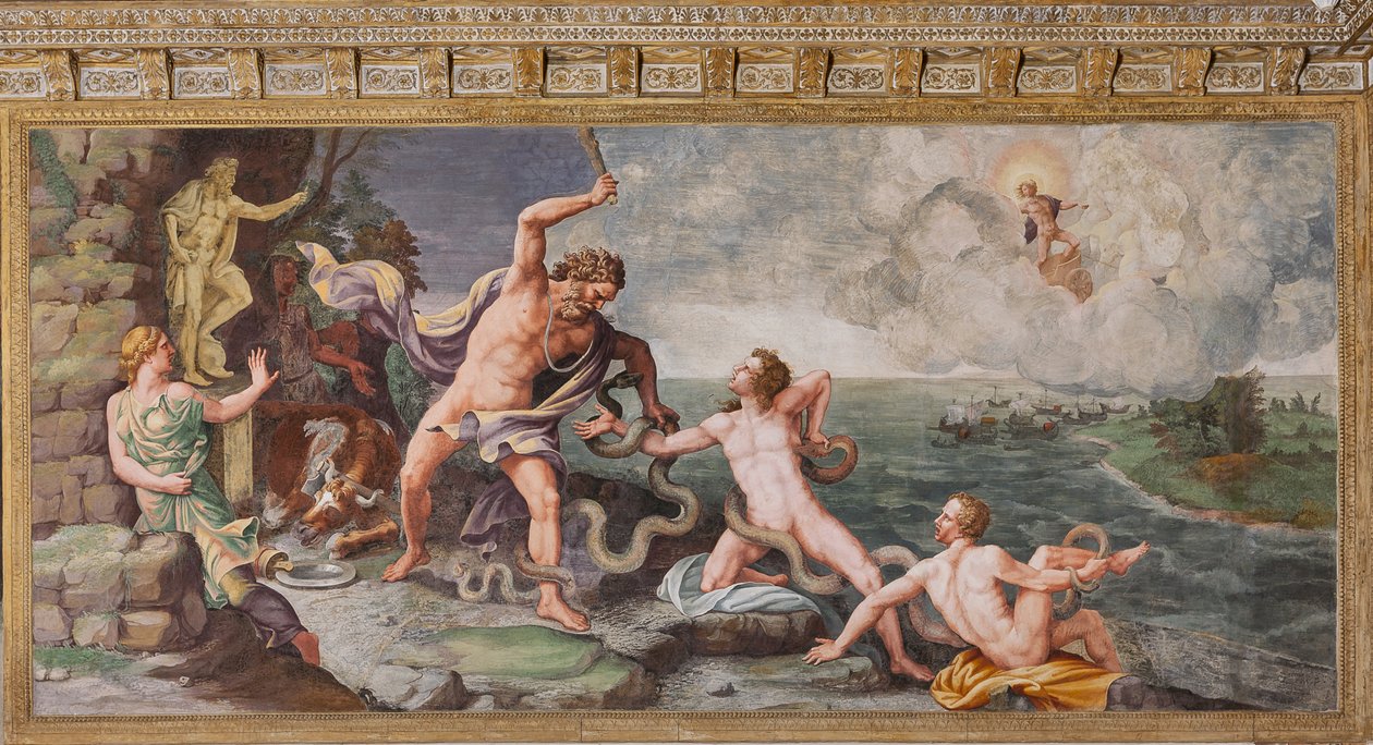 Laocoon a jeho synové jsou napadeni hady, Trojský kůň, Trójská komnata (Sala di Troia) od Giulio (and workshop) Romano