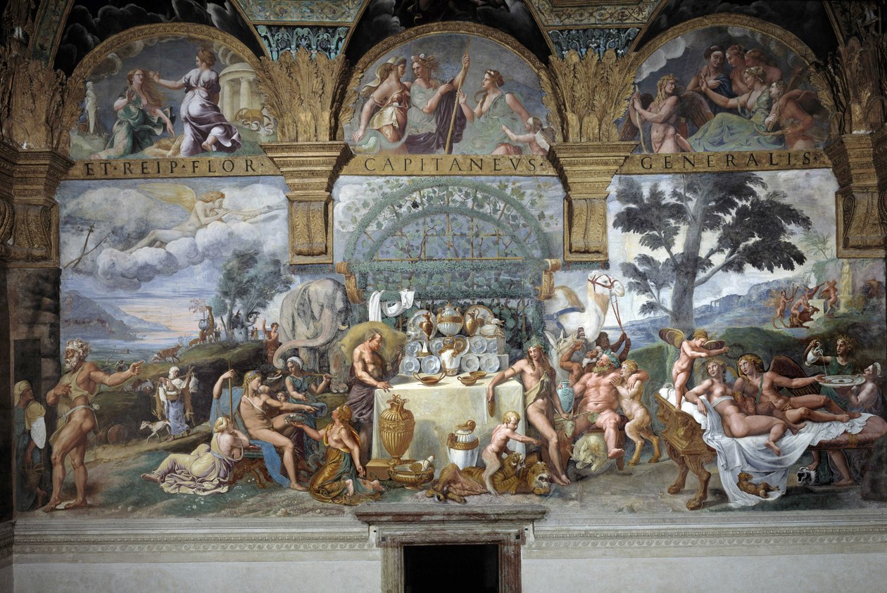 Vznešená hostina na oslavu svatby Amora a Psyché, jižní stěna Místnosti Amora a Psyché, c.1527-31 (freska) od Giulio (and workshop) Romano