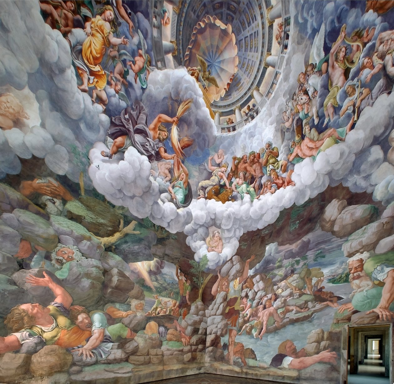 Zeus obklopený dalšími bohy Olympu vrhajícími blesky na obry a ničící je, klenba a jižní a západní zdi, Komnata obrů (Sala dei Giganti) od Giulio (and workshop) Romano