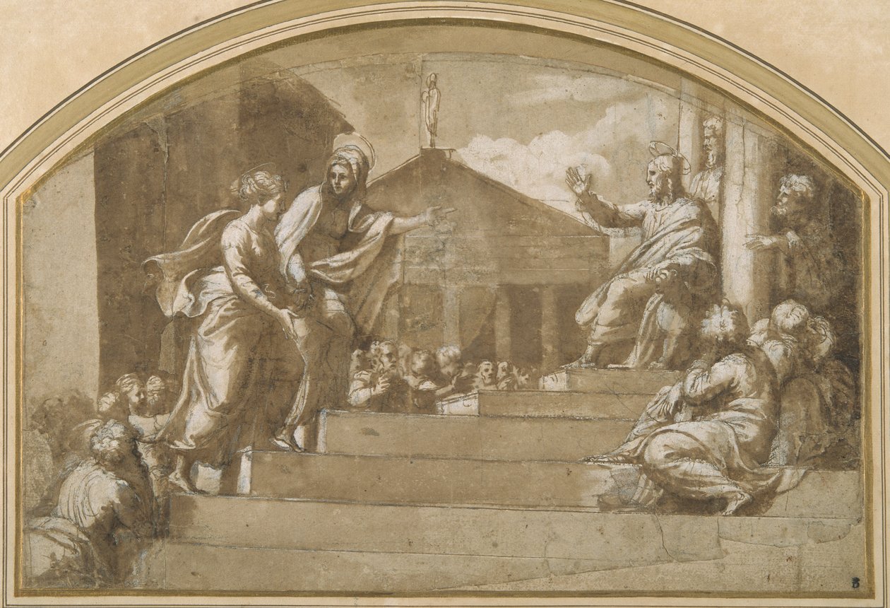 Marta přivádí Marii Magdalenu ke Kristu (pero a inkoust na papíře) od Giulio (attr. to) Romano