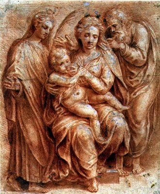 Svatá rodina s pannou mučednicí (červená křída zvýrazněná bílou) od Giulio (circle of) Romano