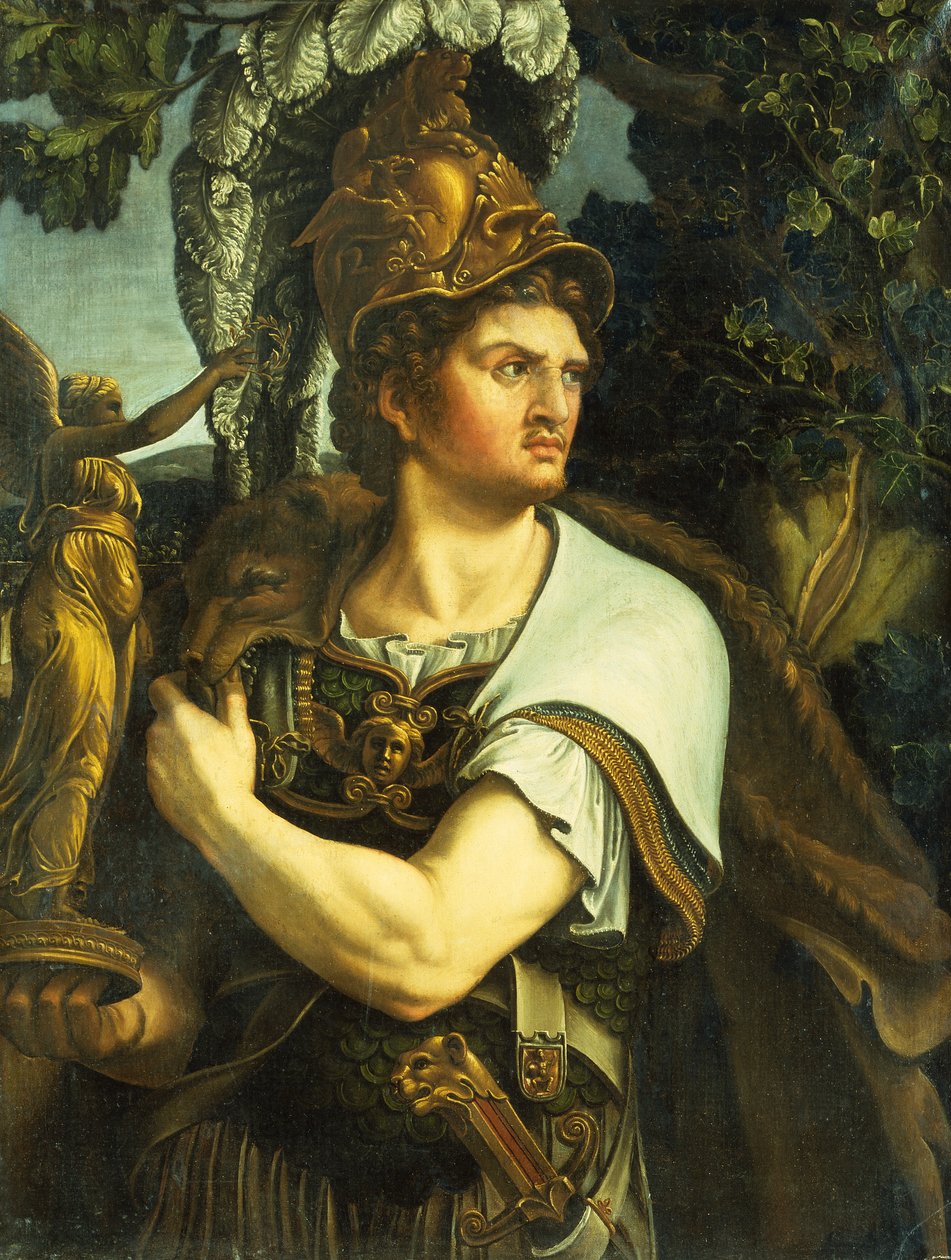 Portrét Alexandra Velikého s pozlacenou sochou vítězství (olej na plátně) od Giulio (circle of) Romano