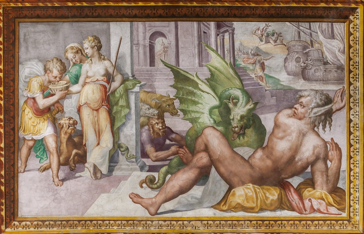 Circe se proměnila v příšery společníky Ulyssese, ze sálu Circe, Rocca dei Rossi, San Secondo, Parma, Itálie od Giulio (school of) (attr.to) Romano