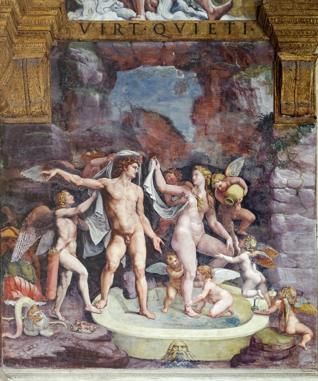 Pokoj Psiche, severní stěna: Koupání Venuše a Marsu; Eros a někteří amorové navštěvují bohyni koupel (freska) od Giulio (workshop of) Romano