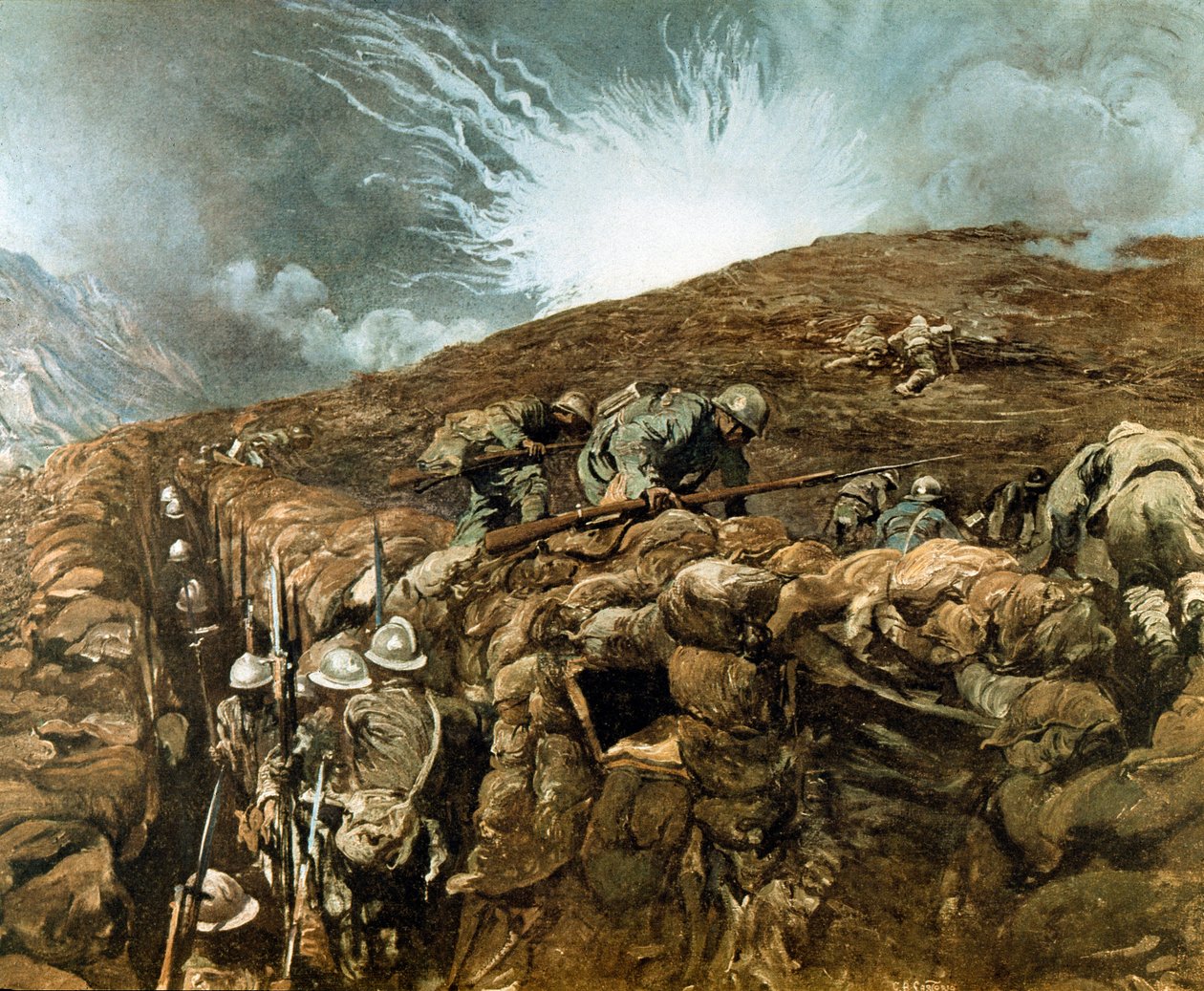 WWI: zákopy u Gorizie, italské tažení kolem řeky Isonzo, září 1917 (malba) od Giulio Aristide Sartorio